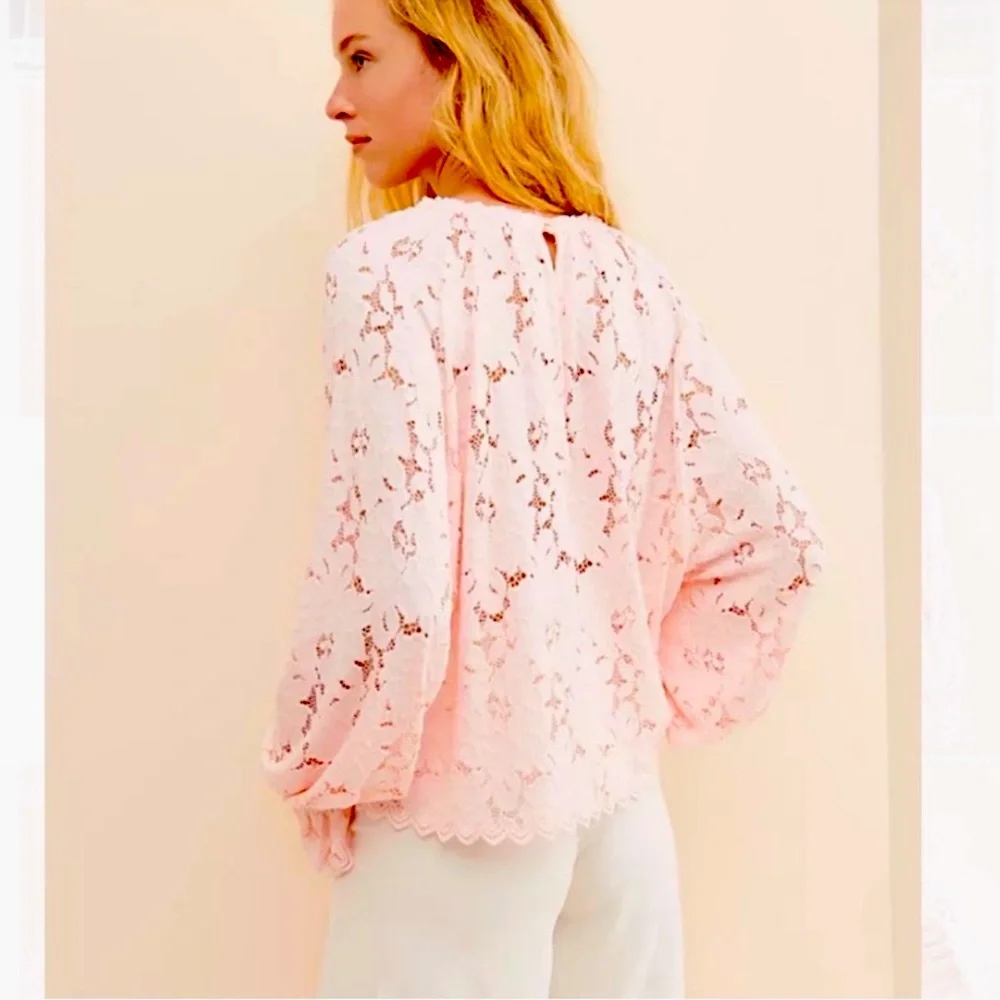 NWT Free People Olivia Lace Top blouse Edwardian sleeves Shirt XS powder pink
